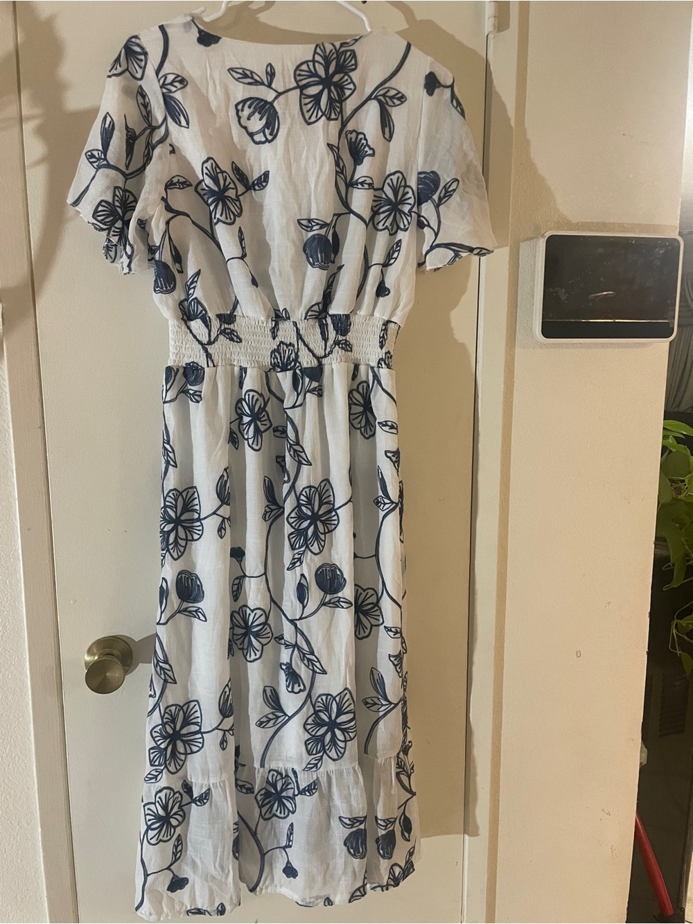 Navy White Floral Smocked Waist Midi Dress Cottagecore M - Picture 7 of 9